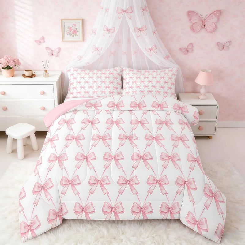 Feelyou Pink Bow Bedding Set Full Size Pink Girls Bow Comforter Set for Kids Women Ultra Soft Cute Bowknot Comforter Kawaii Princess Room Decor Bow and Stripes Quilt 2 Pillowcase - Image 2