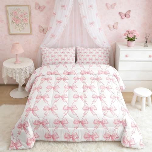 Feelyou Pink Bow Bedding Set Full Size Pink Girls Bow Comforter Set for Kids Women Ultra Soft Cute Bowknot Comforter Kawaii Princess Room Decor Bow and Stripes Quilt 2 Pillowcase - Image 3