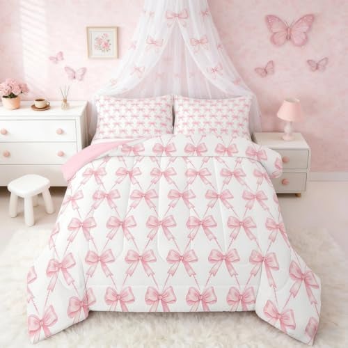 Feelyou Pink Bow Bedding Set Full Size Pink Girls Bow Comforter Set for Kids Women Ultra Soft Cute Bowknot Comforter Kawaii Princess Room Decor Bow and Stripes Quilt 2 Pillowcase - Image 1