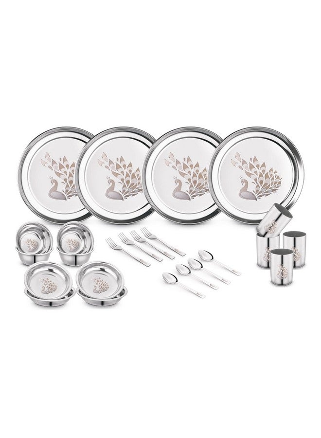 Classic Essentials Stainless Steel Dinner Set|Serves 4 People|Heavy Gauge|Kitchen Set|Permanent Laser-Peacock, Set of 24 - Image 1