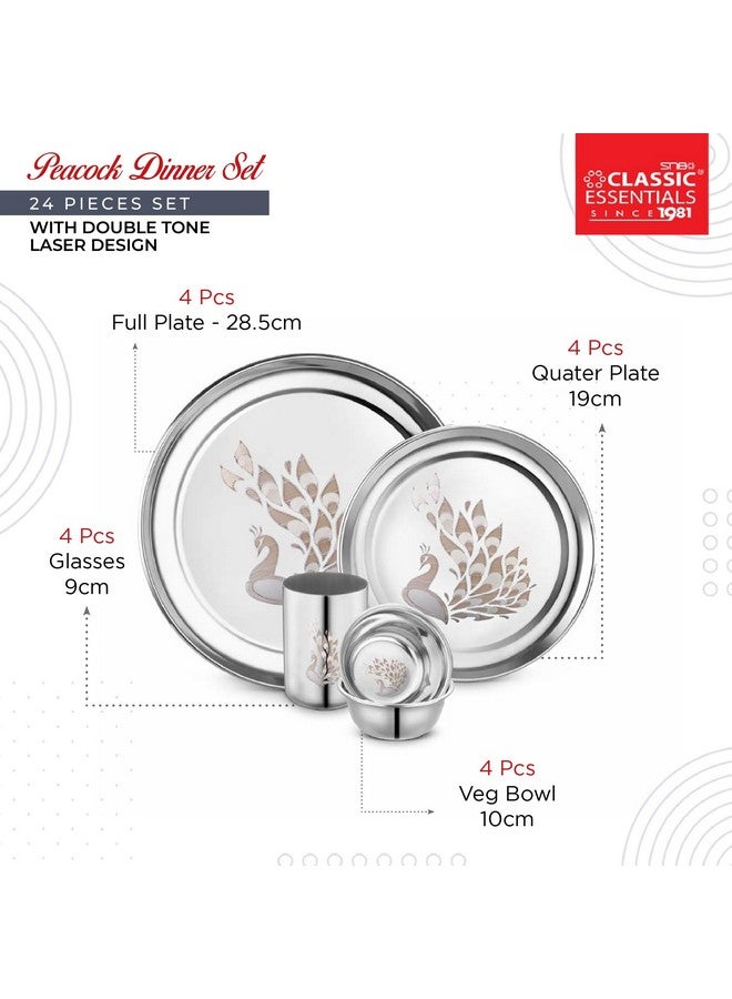 Classic Essentials Stainless Steel Dinner Set|Serves 4 People|Heavy Gauge|Kitchen Set|Permanent Laser-Peacock, Set of 24 - Image 3