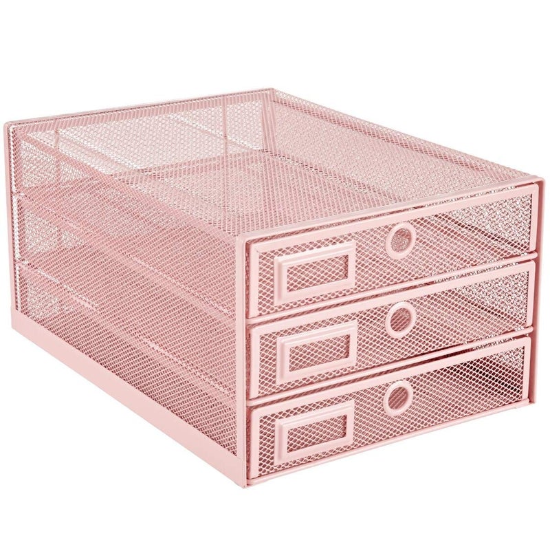 Annova Desk Organizer Wire Mesh 3 Tier Sliding Drawers Paper SorterMultifunctionalPremium Solid Construction for Letters Documents Mail Files Paper Kids Art Supplies Light Pink