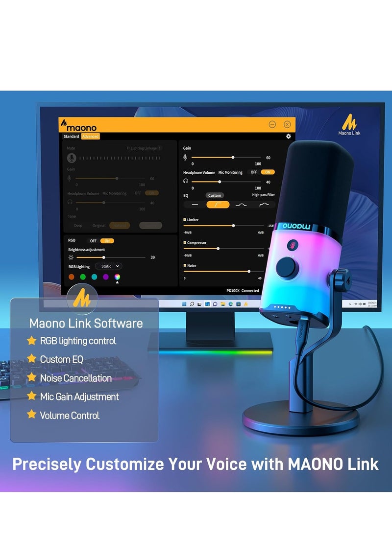 ماونو MAONO XLR/USB Gaming Microphone with Software, Dynamic PC Microphone with RGB for Streaming Podcast Vocal Recording, Computer Mic with Noise Cancellation, Mute Button, Gain Knob - Image 5