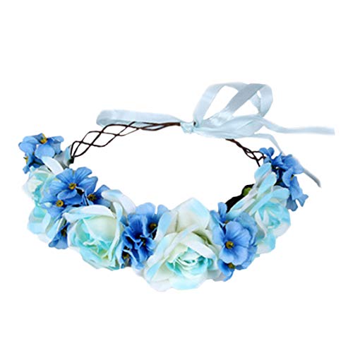 LLinfflr Floral Garland Crown Boho Flower Headband Hair Wreath Floral Halo Headpiece with Ribbon Wedding Party Blue - Image 1