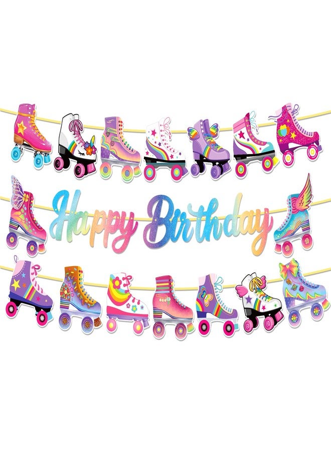 Lide Road 3Pcs Roller Skate Happy Birthday Banner Roller Skate Party Decorations Retro Hip Hop Rollers Skating Birthday Party Banner for 80s 90s Theme Decor Supplies - Image 1