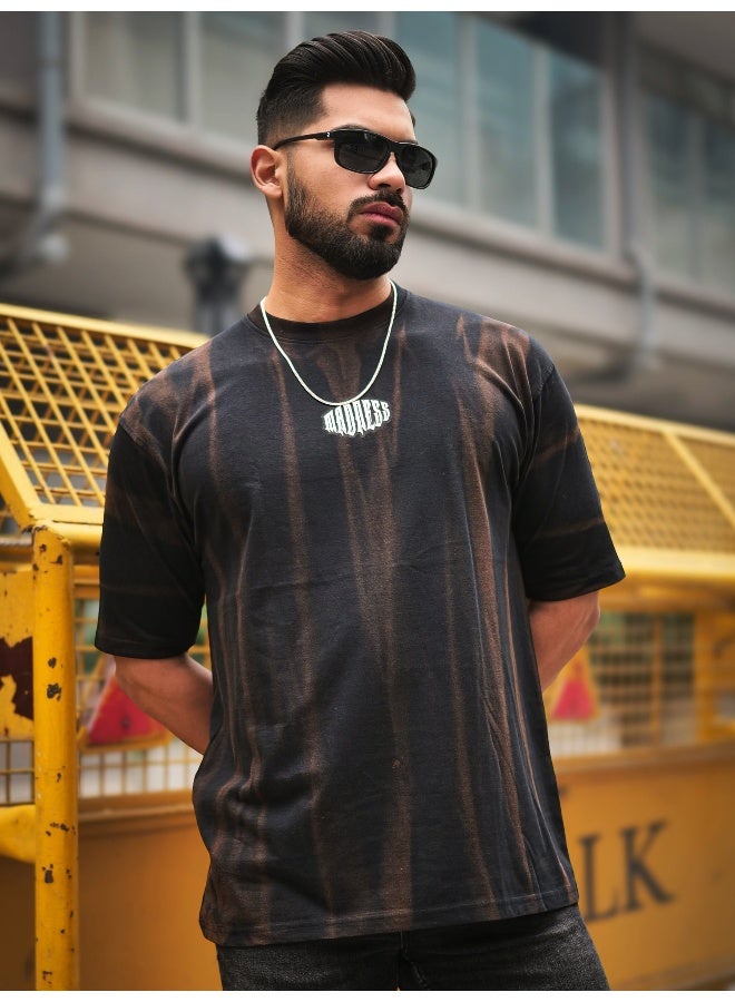 Maniac Maniac Mens Madness Acid Wash Round Neck 3/4th Sleeve Black & Brown Cotton T-Shirt  - Image 3