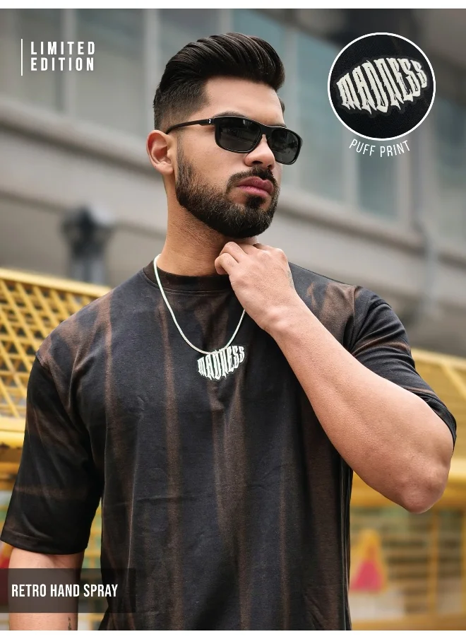 مانياك Maniac Mens Madness Acid Wash Round Neck 3/4th Sleeve Black & Brown Cotton T-Shirt