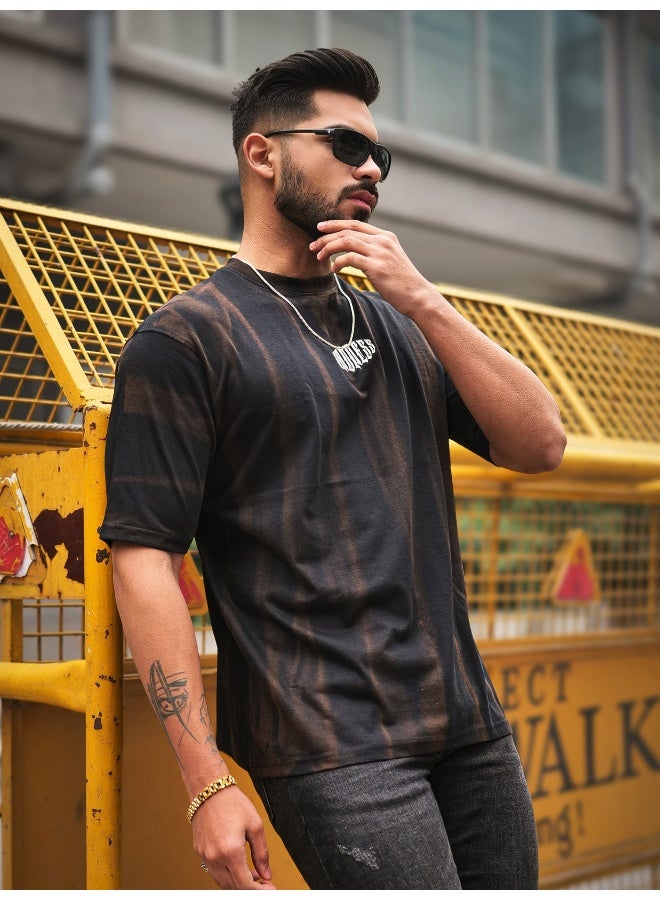 Maniac Maniac Mens Madness Acid Wash Round Neck 3/4th Sleeve Black & Brown Cotton T-Shirt  - Image 4