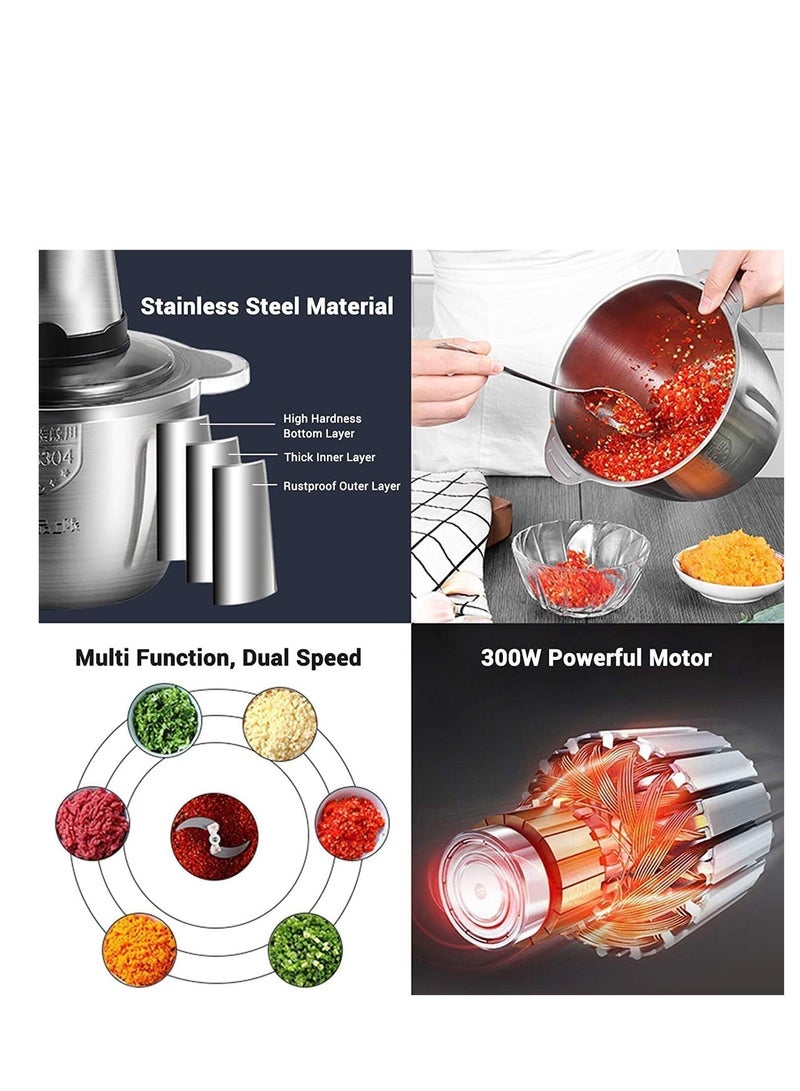 Food Chopper, Electric Meat Chopper with Powerful Motor, 3.8L Stainless Steel Bowl, 2 Speed Levels, Safety Function, 300W Multi Chopper for Meat, Fruits, Baby Food, Vegetables,Onion - Image 2