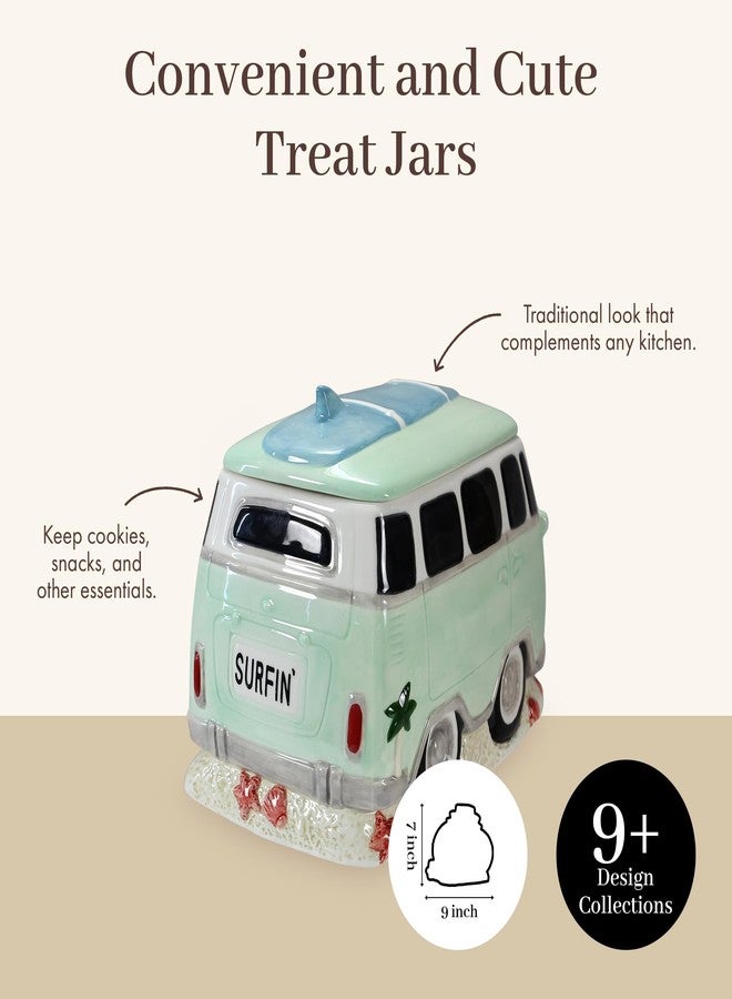 Young's Inc. Ceramic Cookie Jar - Cute Kitchen Counter Storage Canister with Lid - Perfect for Cookies, Coffee, Tea, Candy, Dog Treats, and More - Camper Van - Green, White, Blue - Image 3