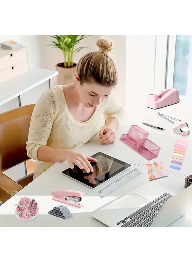 مجموعة القرطاسية الوردي بأربعة شبكات 9 في 1 مع منظّم معدني، دباسة، مقص، مسطرة، مستلزمات المدرسة والمكتب - Image 4