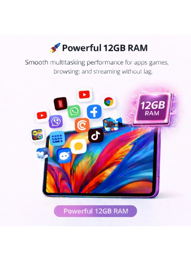 Telzeal P201 11-Inch Tablet (Purple), 12GB RAM + 512GB ROM, 10000mAh Battery, Dual SIM, 8MP+13MP Camera, Android 13, with Keyboard, Mouse & Accessories - Image 3