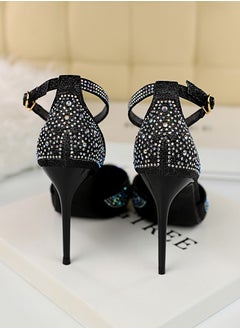 BIGTREE 10cm Women's Sandals With Sparkling Rhinestones With High Heels And Shallow Cut Points Black  - Image 2