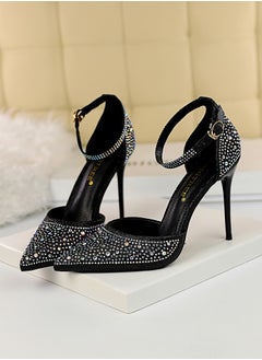 BIGTREE 10cm Women's Sandals With Sparkling Rhinestones With High Heels And Shallow Cut Points Black  - Image 1