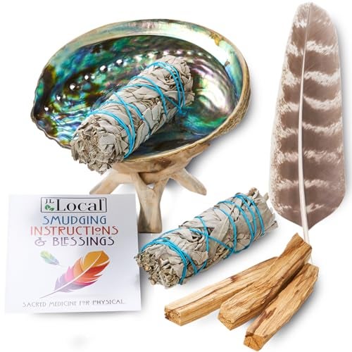 JL Local Smudge Kit - White Sage, Palo Santo, Abalone Shell, Smudging Feather for Healing, Purifying, Meditating & Incense (Essentials Plus) - Image 1