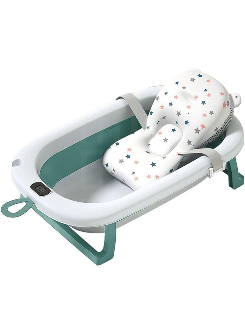 Baby Bathtub with Pillow and Thermometer, Newborn Baby Bathtub, Foldable, Ages 0-3 Years (Green with Pillow) - Image 1