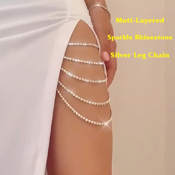REETAN Leg Jewelry Thigh Rhinstone Body Chain for Women（B-Silver） - Image 4