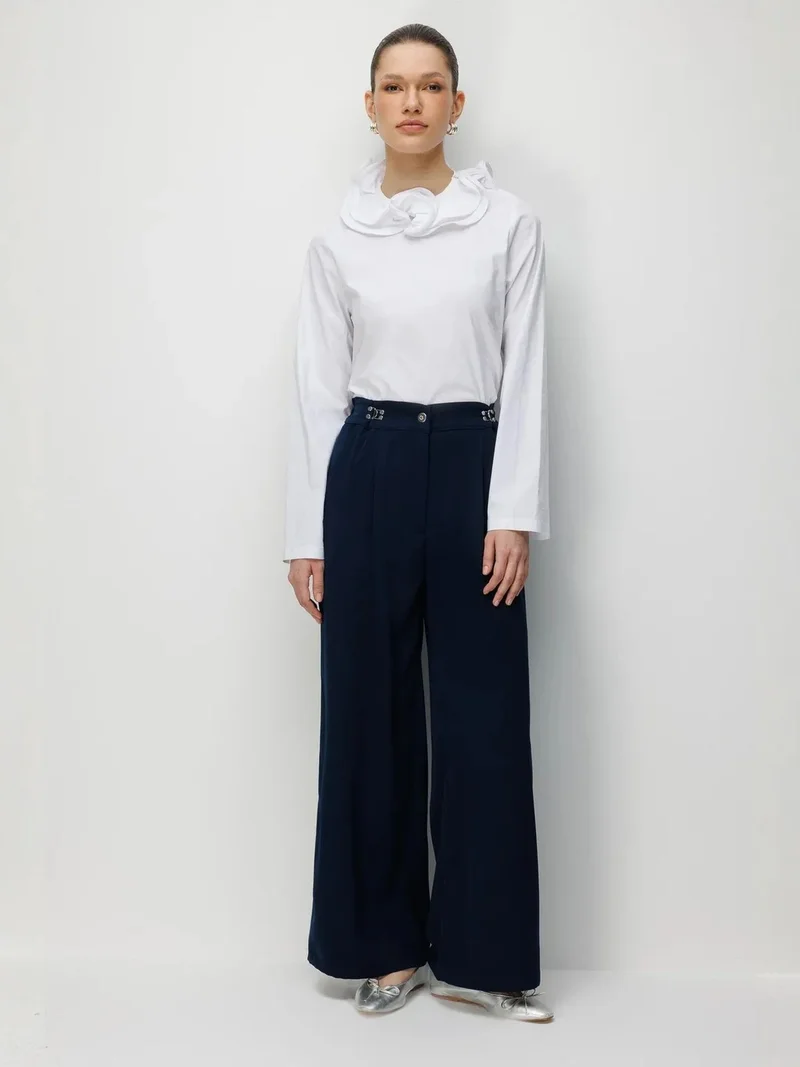 ميكسراي MIXRAY High Waist Wide Leg Pants with Accessory Detail