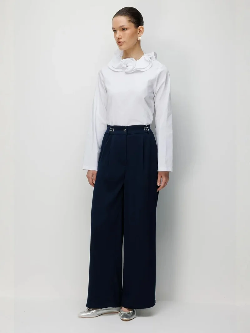 Mixray Navy Blue MIXRAY High Waist Wide Leg Pants with Accessory Detail for Women | Best Price UAE