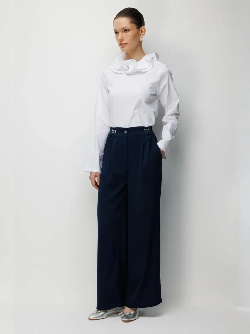 ميكسراي MIXRAY High Waist Wide Leg Pants with Accessory Detail