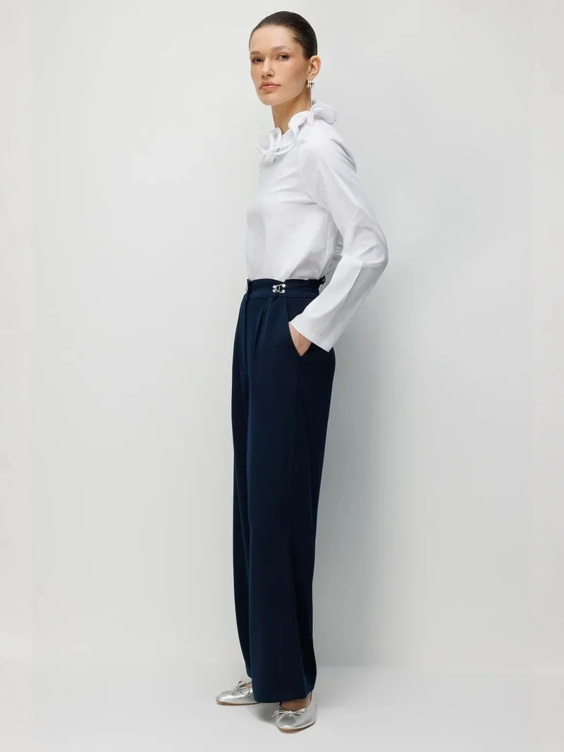 Mixray Navy Blue MIXRAY High Waist Wide Leg Pants with Accessory Detail for Women | Best Price UAE