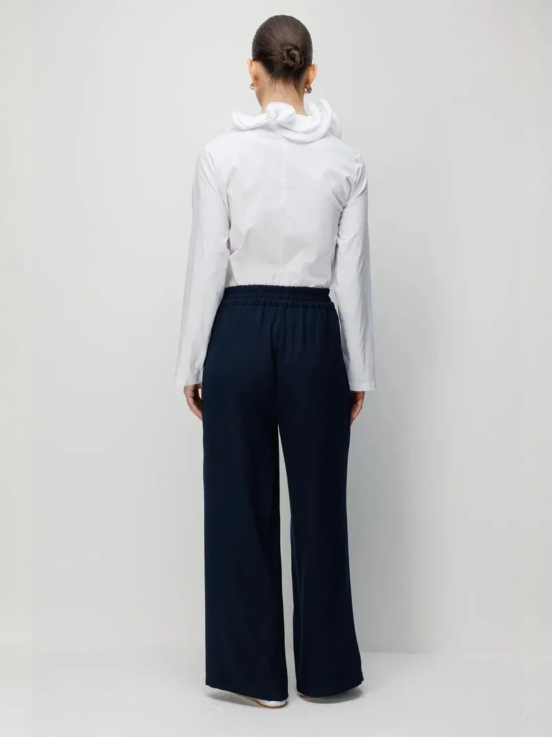 Mixray Navy Blue MIXRAY High Waist Wide Leg Pants with Accessory Detail for Women | Best Price UAE