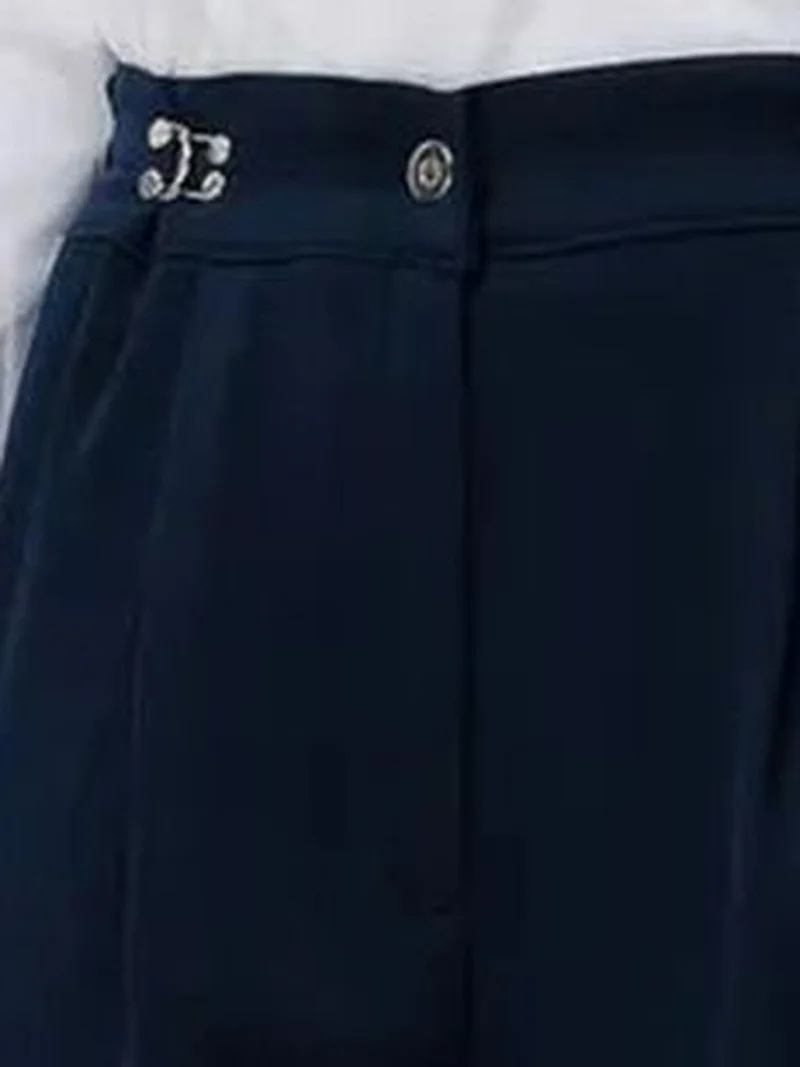 Mixray Navy Blue MIXRAY High Waist Wide Leg Pants with Accessory Detail for Women | Best Price UAE