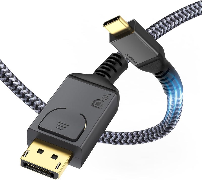 Maxonar Upgraded USB C to DisplayPort 1.4 8K Cable with Latches 6.6FT, Thunderbolt 4/3 /USB4 to DP Support 8K 60Hz / 4K 144Hz 32.4Gbps HBR3 Alt Mode Adapter for Mac Studio, MacBook Pro, XPS Grey - Image 1