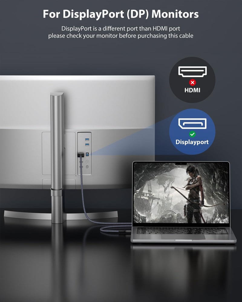 Maxonar Upgraded USB C to DisplayPort 1.4 8K Cable with Latches 6.6FT, Thunderbolt 4/3 /USB4 to DP Support 8K 60Hz / 4K 144Hz 32.4Gbps HBR3 Alt Mode Adapter for Mac Studio, MacBook Pro, XPS Grey - Image 4