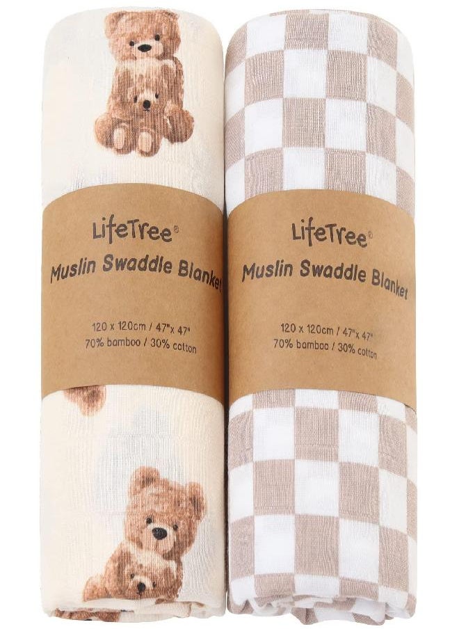 LifeTree - LifeTree Muslin Swaddle Blankets Neutral, Baby Swaddling Wrap Nursery Receiving Blanket for Boys & Girls Unisex, Soft Bamboo Cotton, Large 47 x 47 inches, Bear & Checkered Coffee - Image 1