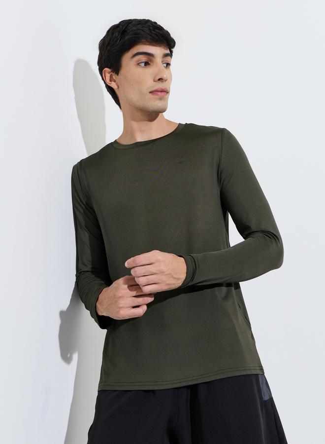 Styli Active Olive Green Chest Print Muscle Fit Active T-Shirt - Image 1