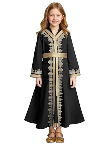 OBEEII Girls Muslim Ramadan Abaya Kids Long Sleeve V Neck Lace Prayer Dress Middle East Arabic Kaftan Dress with Belt Dubai Islamic Eid Church Robe Toddler Girl Muslim Clothes Black 910 Years - Image 1