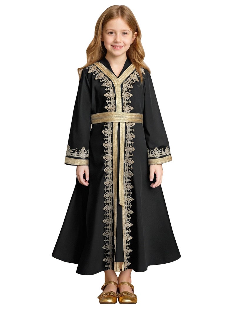 OBEEII Girls Muslim Ramadan Abaya Kids Long Sleeve V Neck Lace Prayer Dress Middle East Arabic Kaftan Dress with Belt Dubai Islamic Eid Church Robe Toddler Girl Muslim Clothes Black 910 Years - Image 2