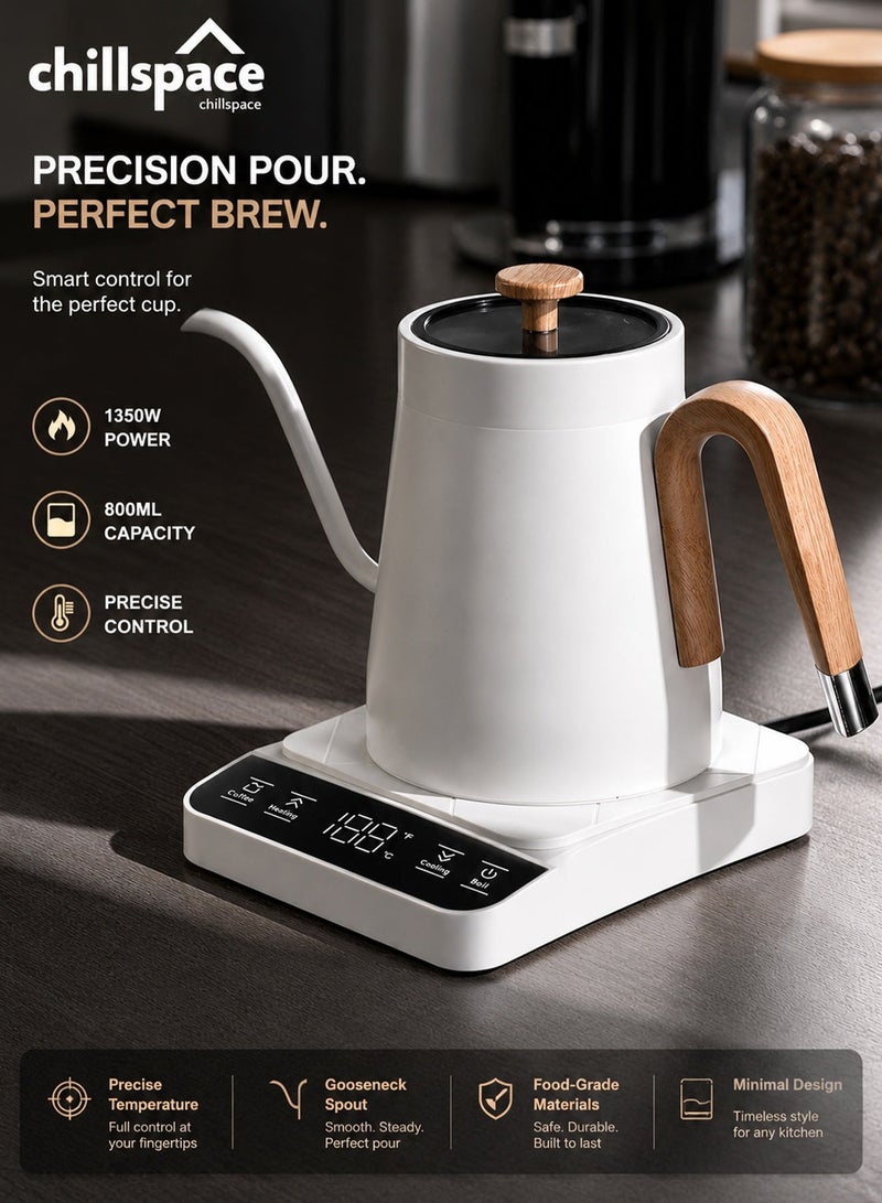 Chillspace Electric Gooseneck Kettle V60 Coffee Kettle, 800ML 1350W Fast Heating & ±1°C Precise Temperature Control,  Digital Display Kettle with Auto Keep Warm, Stainless Steel Inner Pot, for Home Office, White - Image 1