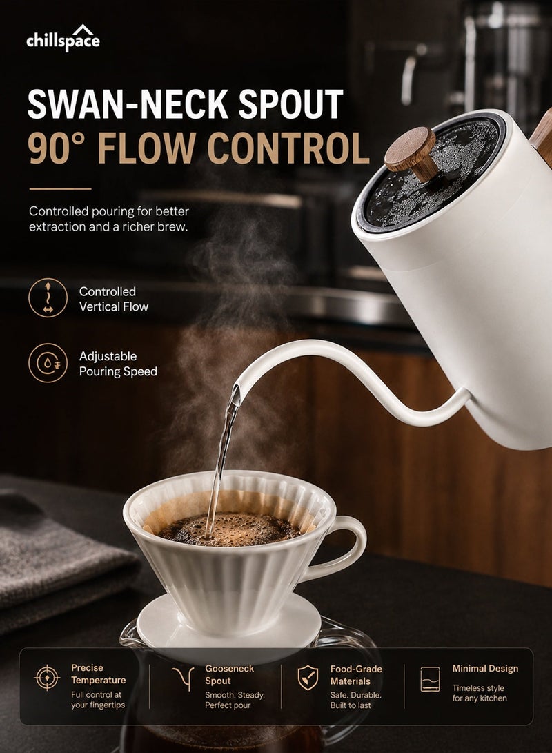 Chillspace Electric Gooseneck Kettle V60 Coffee Kettle, 800ML 1350W Fast Heating & ±1°C Precise Temperature Control,  Digital Display Kettle with Auto Keep Warm, Stainless Steel Inner Pot, for Home Office, White - Image 5