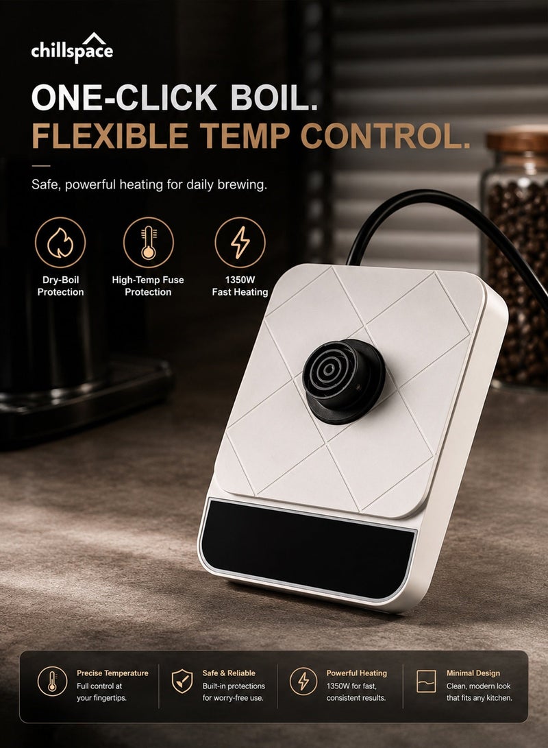 Chillspace Electric Gooseneck Kettle V60 Coffee Kettle, 800ML 1350W Fast Heating & ±1°C Precise Temperature Control,  Digital Display Kettle with Auto Keep Warm, Stainless Steel Inner Pot, for Home Office, White - Image 2