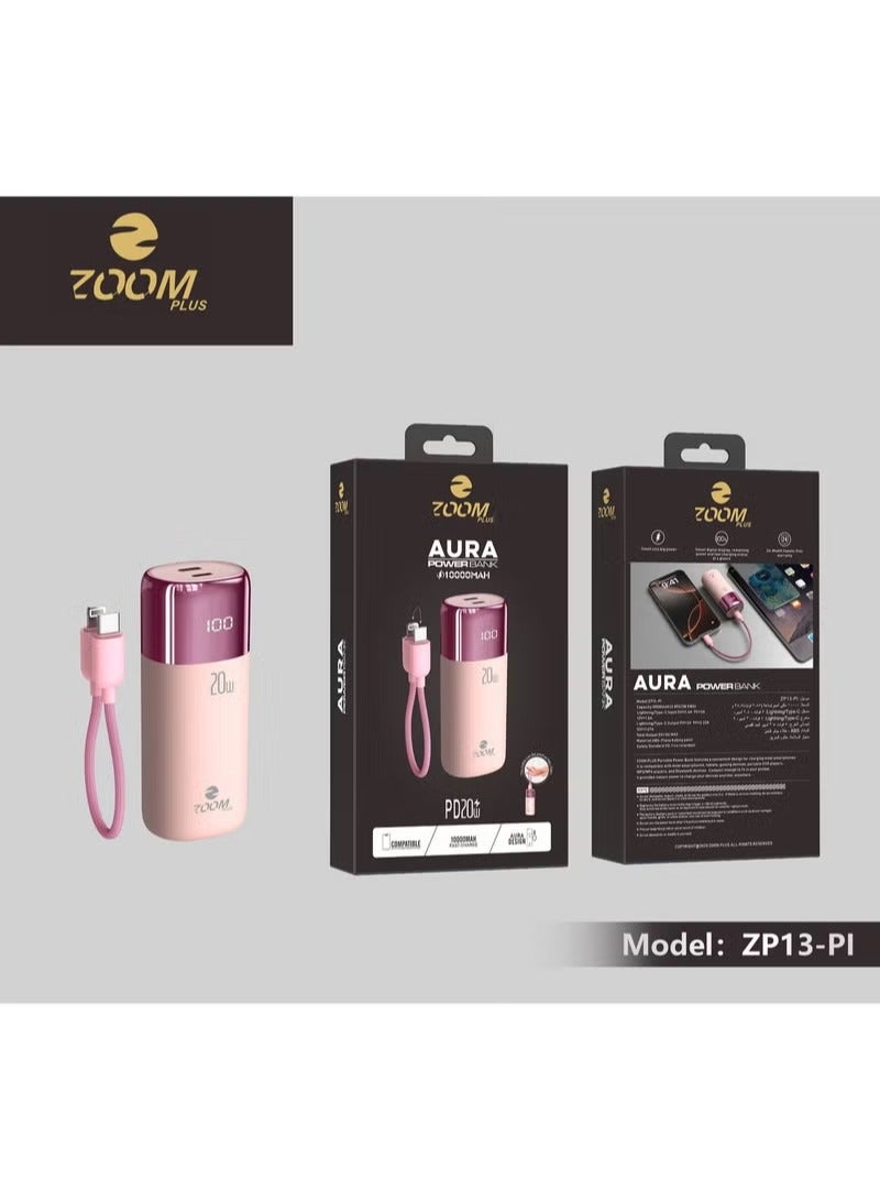 زوم بلس باور بنك ZOOM PLUS Aura موديل ZP13-PI بسعة 10000 مللي أمبير – شحن سريع PD بقوة 20 واط مع كابل Lightning مدمج وشاشة LED رقمية وتصميم صغير أنيق للهواتف الذكية - Image 2