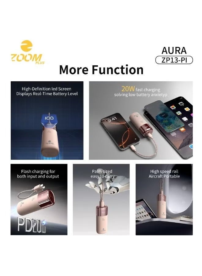 زوم بلس باور بنك ZOOM PLUS Aura موديل ZP13-PI بسعة 10000 مللي أمبير – شحن سريع PD بقوة 20 واط مع كابل Lightning مدمج وشاشة LED رقمية وتصميم صغير أنيق للهواتف الذكية - Image 4