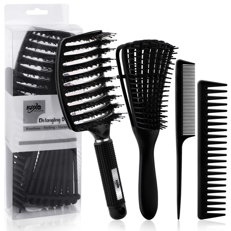 KPX 4pcs Curly Hair Brush Set for Adult & Kids Wet or Dry, Detangling Brush for 3/4ABC Hair with Wide Tooth Comb (4, Black) - Image 1