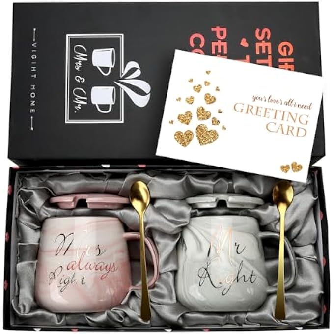 rayihni Mr Right And Mrs Always Right Couples Coffee Mugs Cups Gifts Set For Engagement Wedding Bridal Shower Bride And Groom To Be Newlyweds Anniversary  Ceramic Marble 13 OunceOval - Image 2