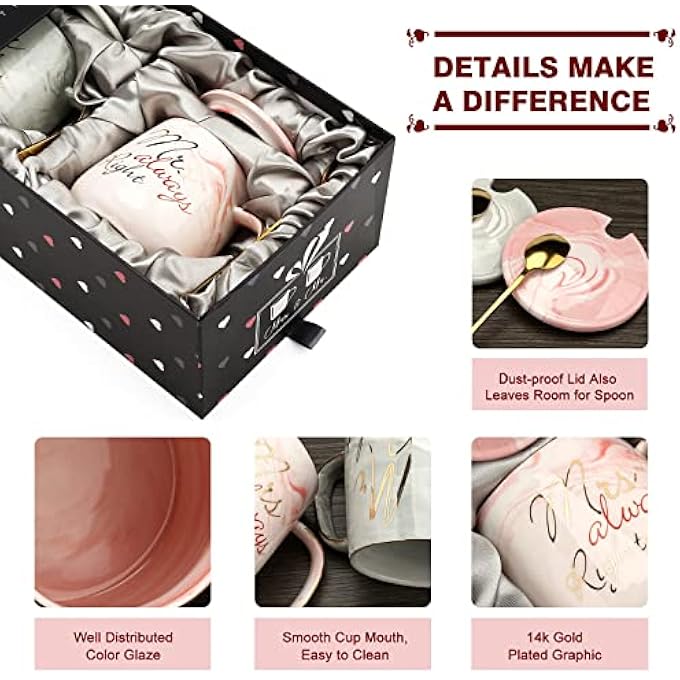 rayihni Mr Right And Mrs Always Right Couples Coffee Mugs Cups Gifts Set For Engagement Wedding Bridal Shower Bride And Groom To Be Newlyweds Anniversary  Ceramic Marble 13 OunceOval - Image 4