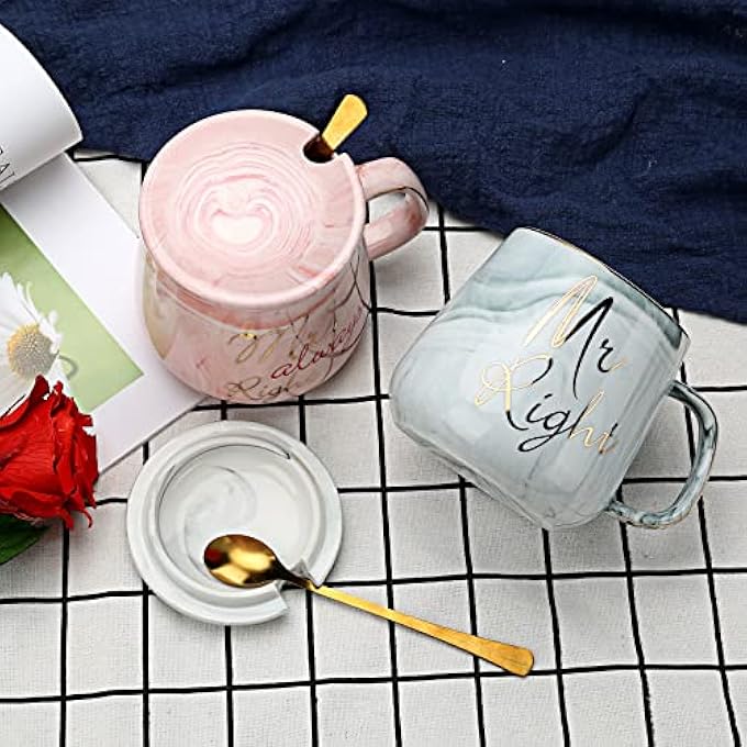 rayihni Mr Right And Mrs Always Right Couples Coffee Mugs Cups Gifts Set For Engagement Wedding Bridal Shower Bride And Groom To Be Newlyweds Anniversary  Ceramic Marble 13 OunceOval - Image 3