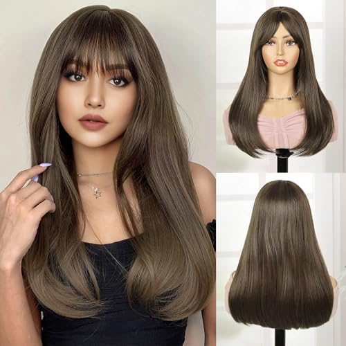 Creamily Straight Long Hair Wig for Woman Girls Full Head Natura,Brown Artificial Women Hair Wig,Synthetic Ladies Wigs with Bang for Daily Use (Brown, 20 inch) - Image 1