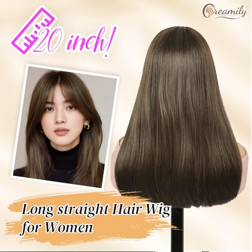 Creamily Straight Long Hair Wig for Woman Girls Full Head Natura,Brown Artificial Women Hair Wig,Synthetic Ladies Wigs with Bang for Daily Use (Brown, 20 inch) - Image 4