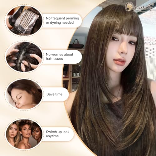 Creamily Straight Long Hair Wig for Woman Girls Full Head Natura,Brown Artificial Women Hair Wig,Synthetic Ladies Wigs with Bang for Daily Use (Brown, 20 inch) - Image 5