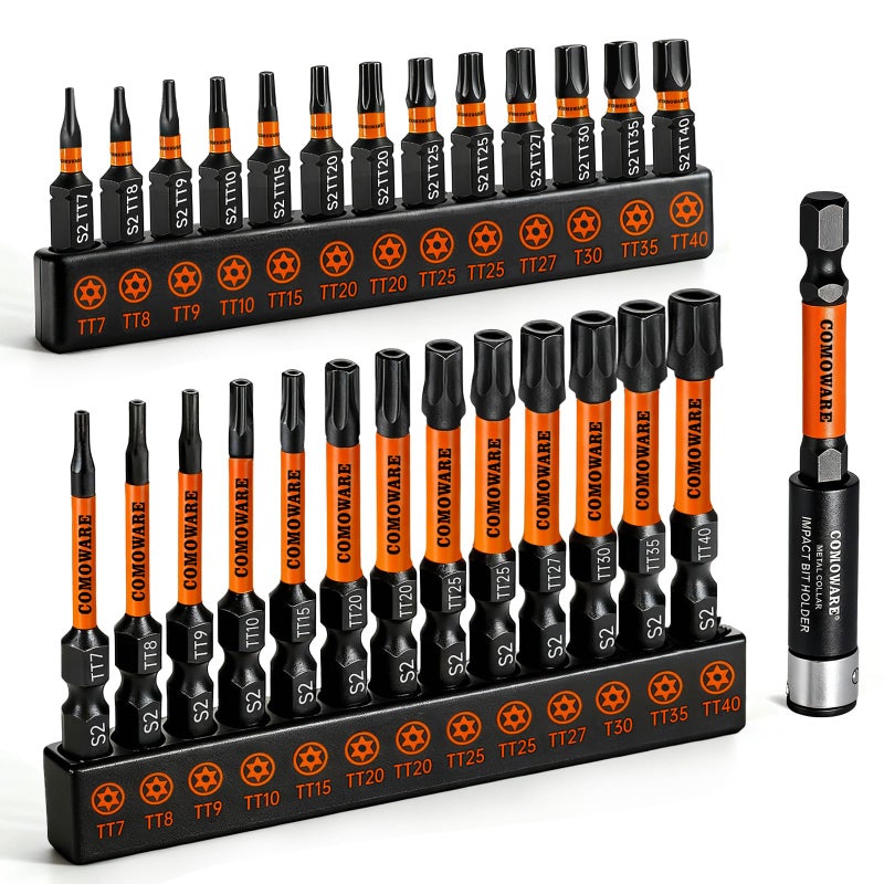 COMOWARE 27pcs Impact Torx Bit Set (TT7-TT40), S2 Steel 1/4" Allen Bit Set, CNC Security Torx Bits Set, 1&2" Torx Screwdriver Set, Tamper-Proof Star Bits Set with Magnetic Bit Holder and Storage Box - Image 1