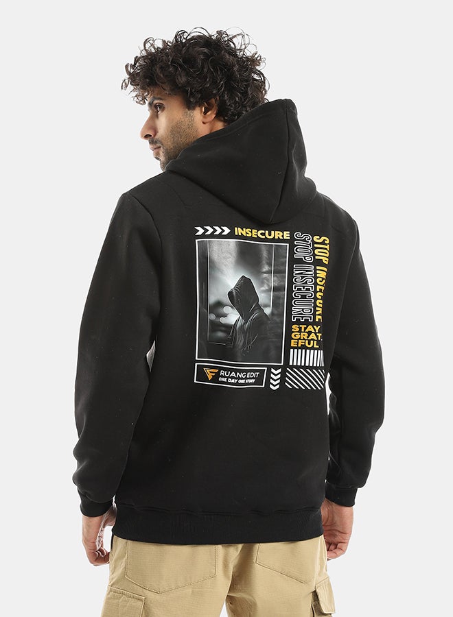 Andora Printed Hooded With Drawstringd Black Sweatshirt-Black - Image 4