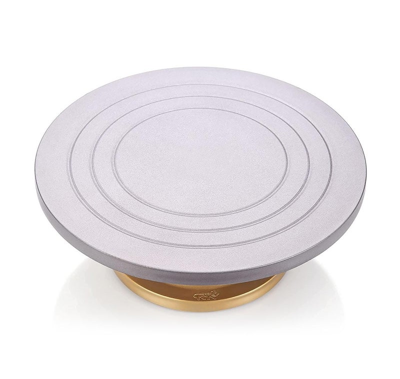 AADHIK Cake Decorating and Icing Turntable/Serving Stand,Signature Edition 360° Smooth Rotating Round Cake Stand,Silver Top&Golden Bottom,12 Inch(30 Cm) Diameter Fiber Cake Turntable(Silver,Gold) - Image 3