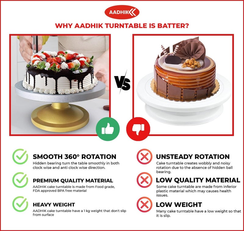 AADHIK Cake Decorating and Icing Turntable/Serving Stand,Signature Edition 360° Smooth Rotating Round Cake Stand,Silver Top&Golden Bottom,12 Inch(30 Cm) Diameter Fiber Cake Turntable(Silver,Gold) - Image 2