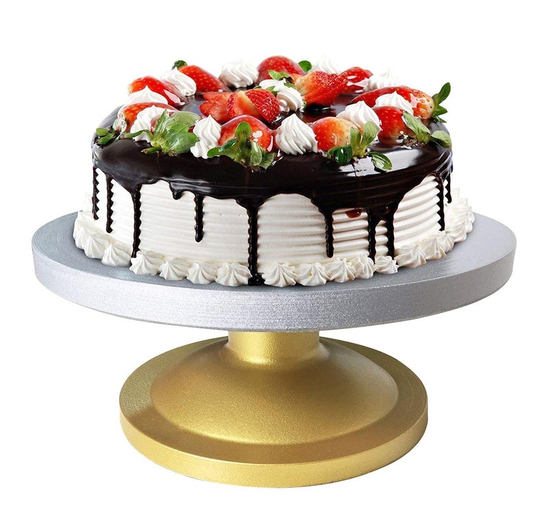 AADHIK Cake Decorating and Icing Turntable/Serving Stand,Signature Edition 360° Smooth Rotating Round Cake Stand,Silver Top&Golden Bottom,12 Inch(30 Cm) Diameter Fiber Cake Turntable(Silver,Gold) - Image 5